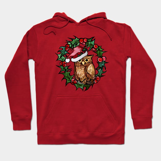 Christmas Owl With Cute Santa Hat and Wreath Hoodie by bubbsnugg